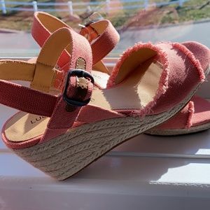 Newer worn coral espadrille with frayed detail